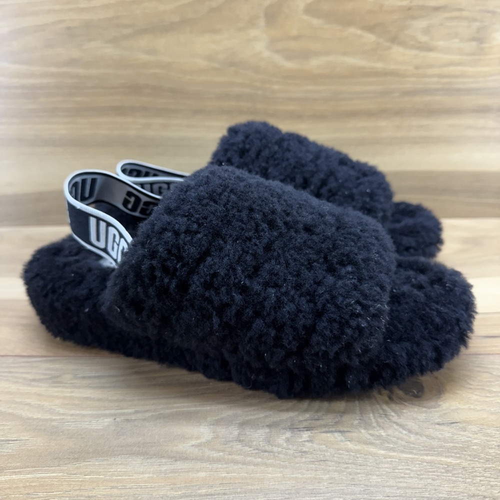 UGG Womens Slippers Size 7 Black Fluff Yeah Shearling Fur Slingback